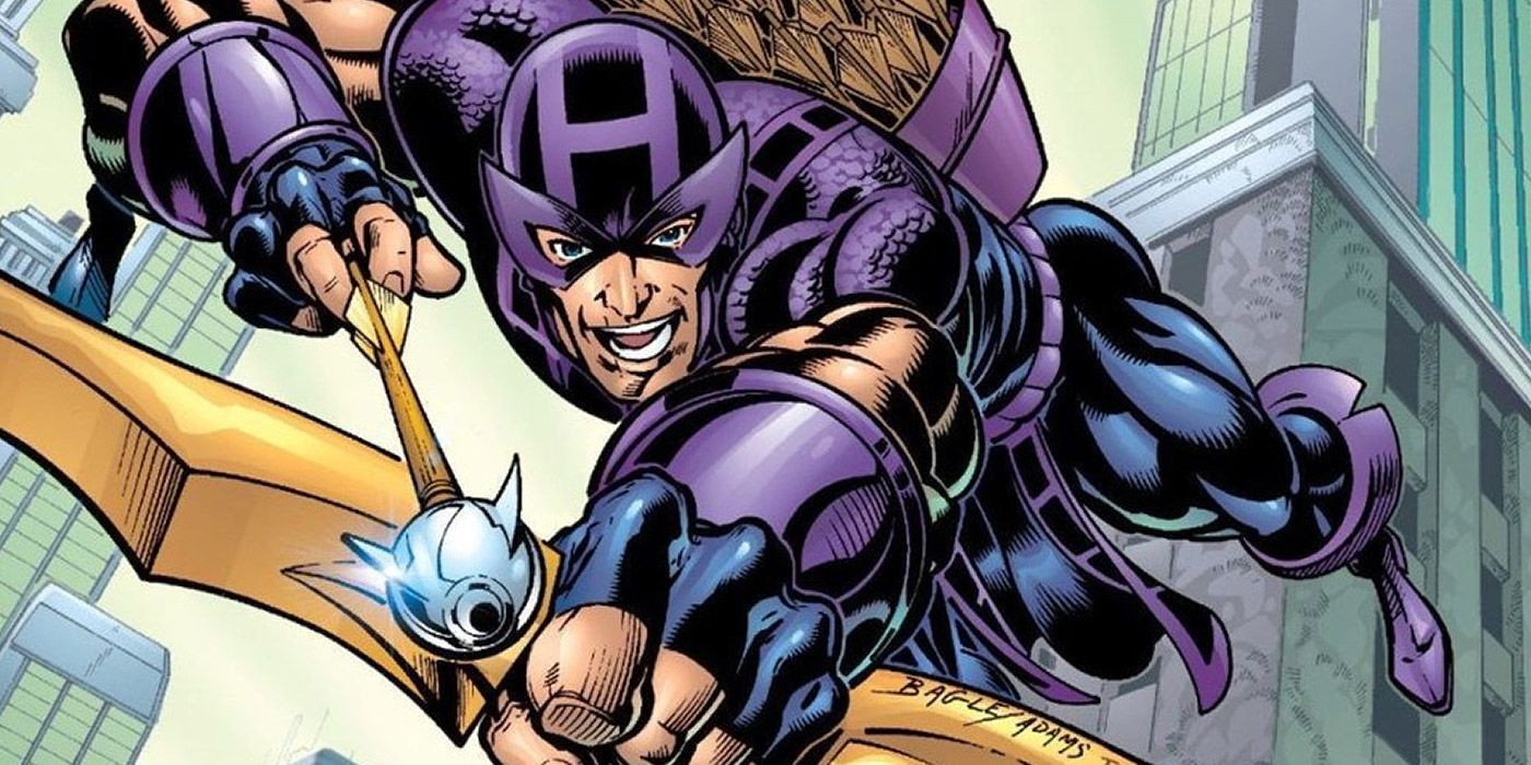 Hawkeye gets ready to fire an arrow while leaping through the air