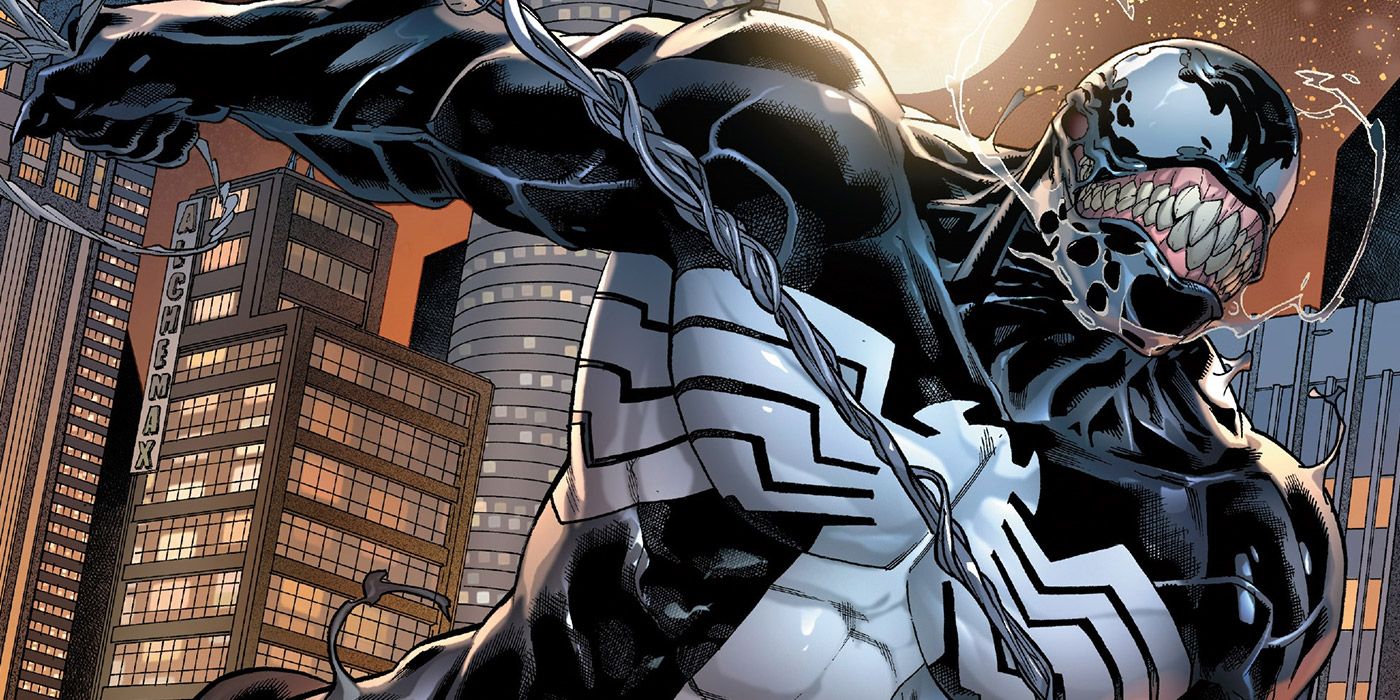 Venom leaping through the city skyline with his symbiote activated