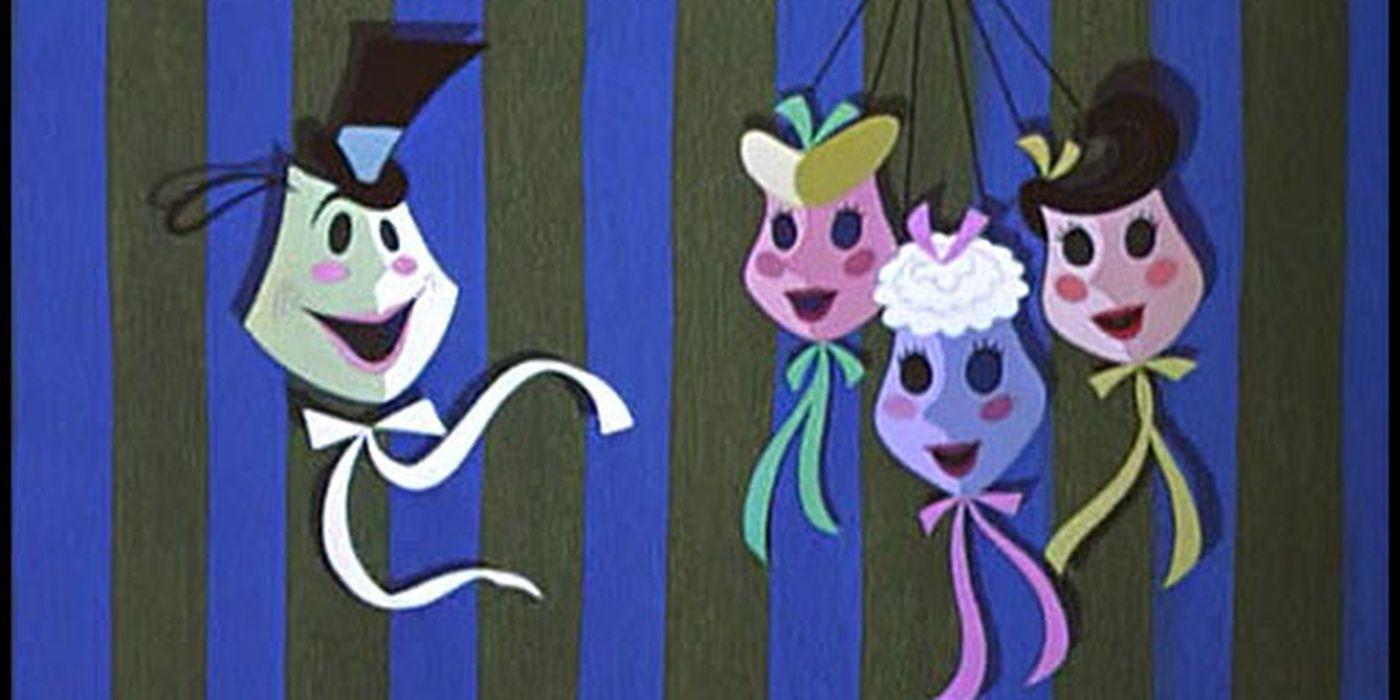 The singing masks against a striped curtain from Melody Time