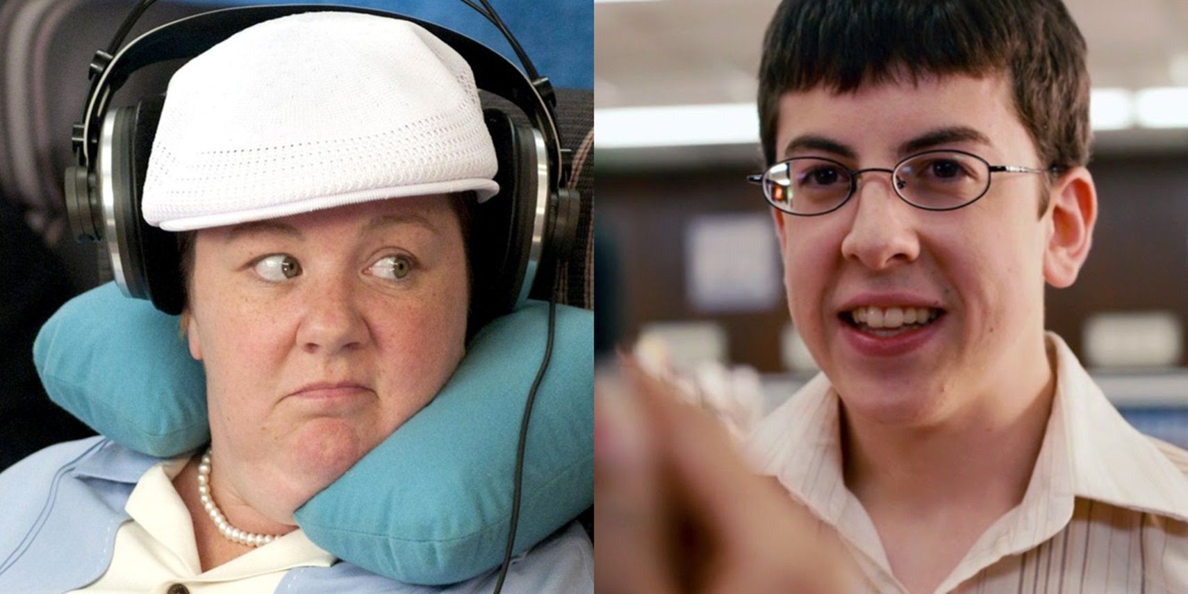 Split image of Melissa McCarthy as Megan in Bridesmaids and Christopher Mintz-Plasse as Fogell in Superbad
