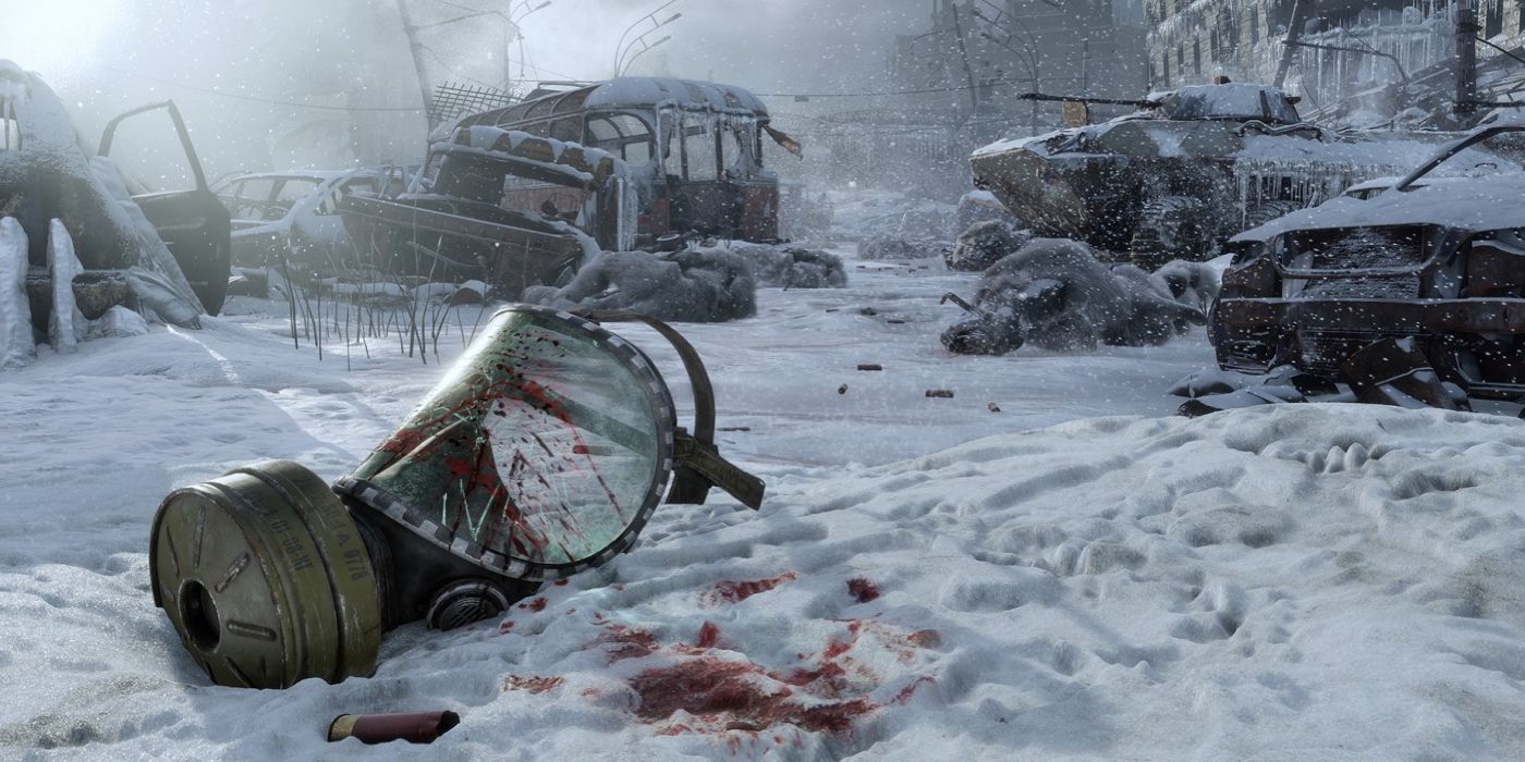 A still showing a snowy Russian wasteland with a bloody mask in the foreground in Metro: Exodus.