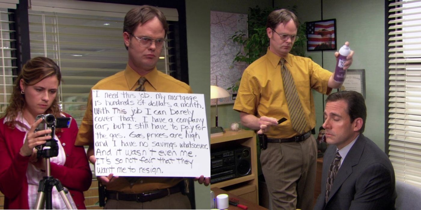 Michael, Dwight, and Pam preparing for a press conference in The Office