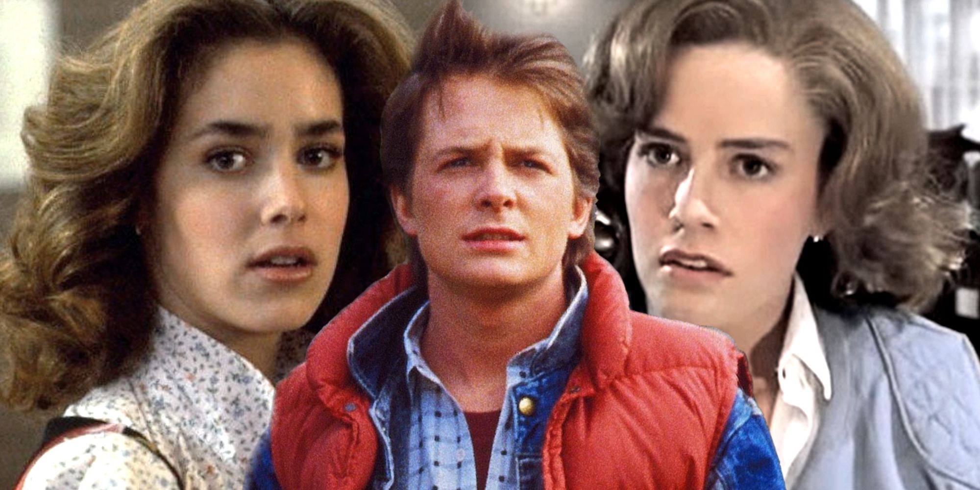 A custom image of Michael J Fox as Marty McFly with Claudia Wells and Elisabeth Shue as Jennifer Parker in Back to the Future Part I and II