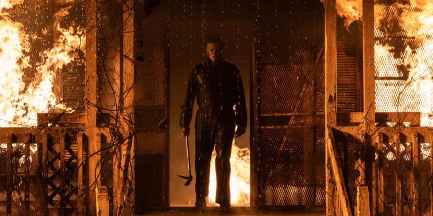 Michael Myers walking out of the burning house in Halloween Kills.
