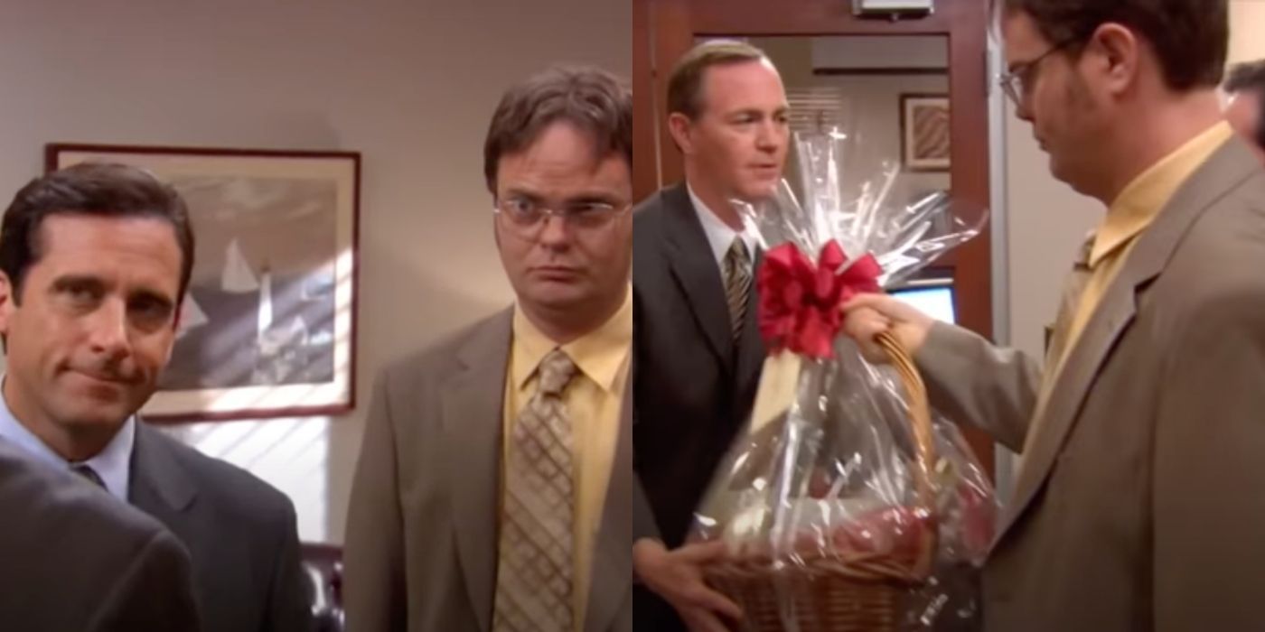 Michael and Dwight give a customer a gift basket on The Office.
