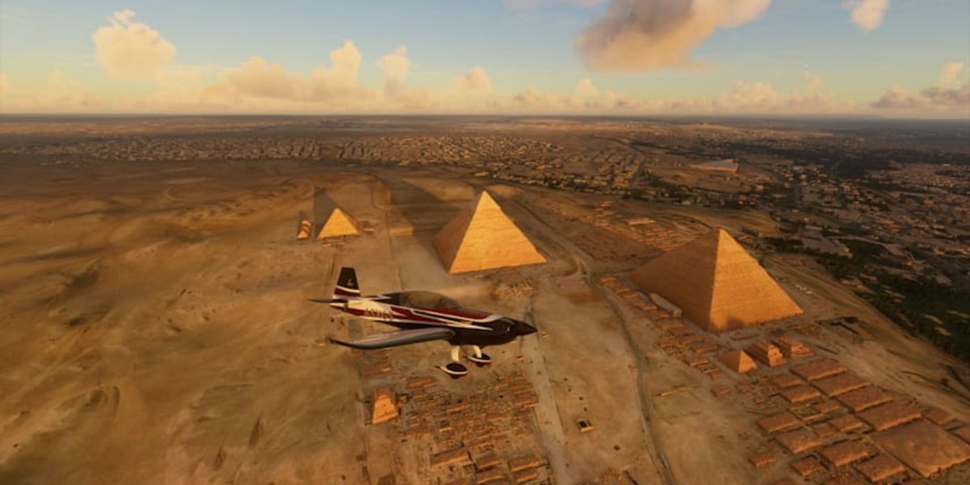 A plane overlooking the Giza Pyramids in the Microsoft-Flight-Simulator