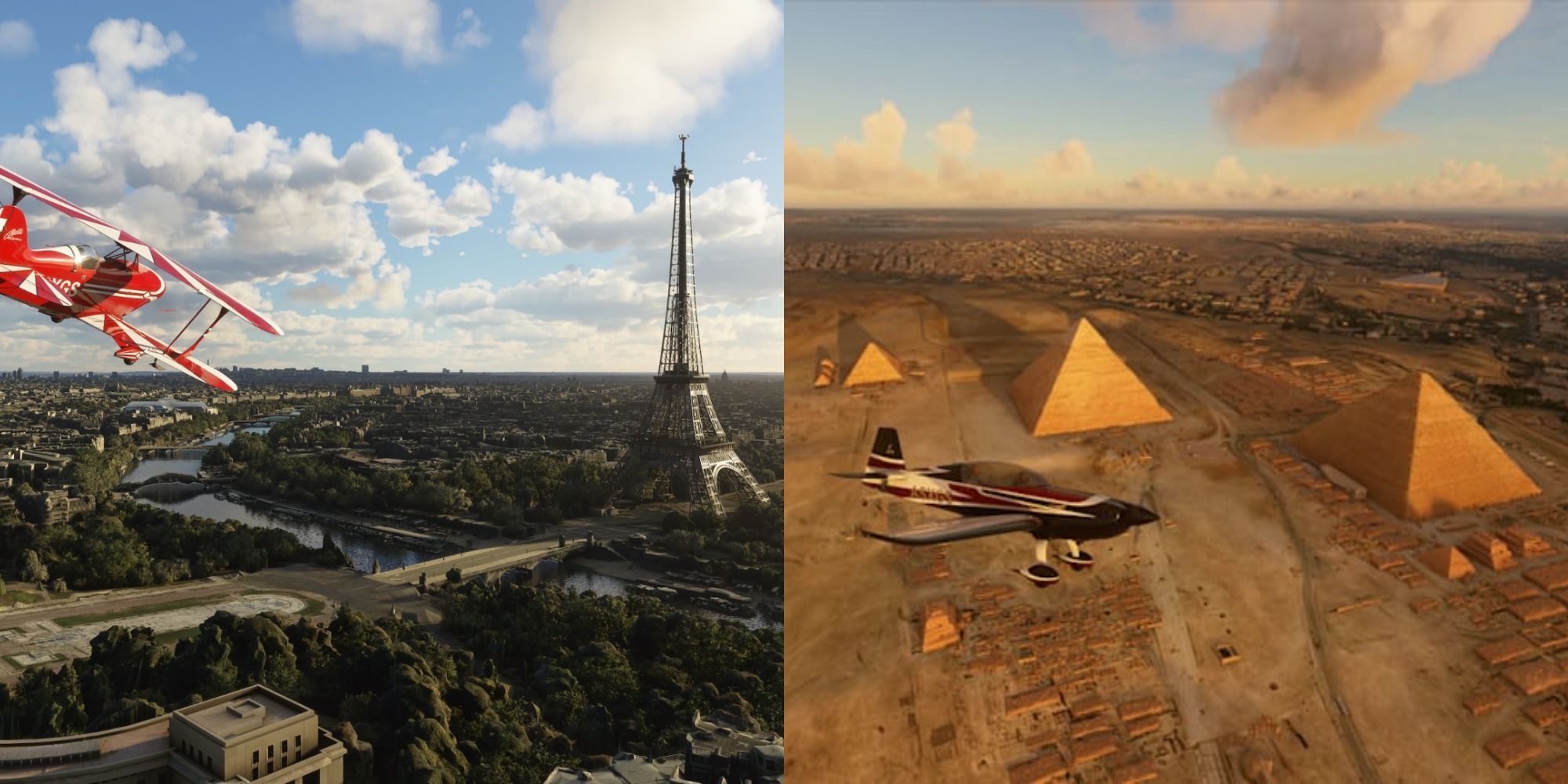 Split image showing Paris and Cairo in the Microsoft-Flight-Simulator