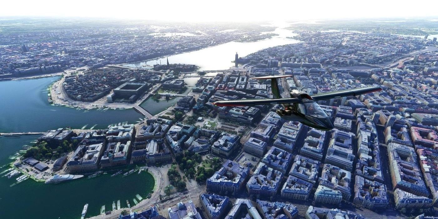 An airplane overlooking Stockholm in the Microsoft-Flight-Simulator