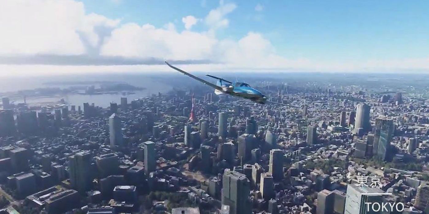 A plane overlooking Tokyo in the Microsoft-Flight-Simulator