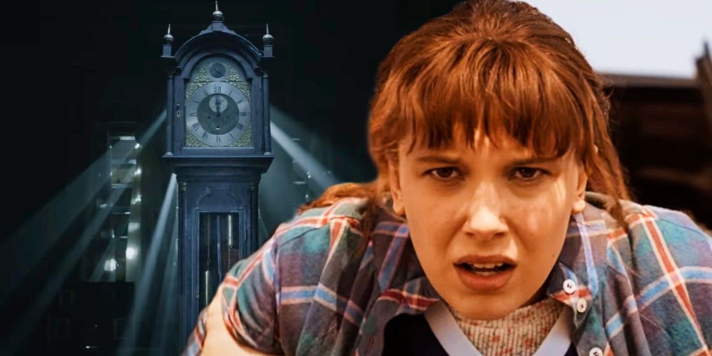 Millie Bobby Brown as Eleven and grandfather clock in Stranger Things