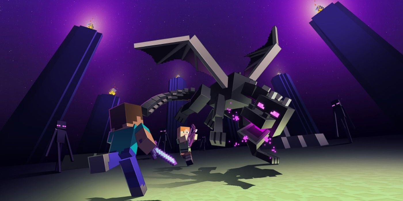 Steve faces an Ender Dragon in Minecraft.