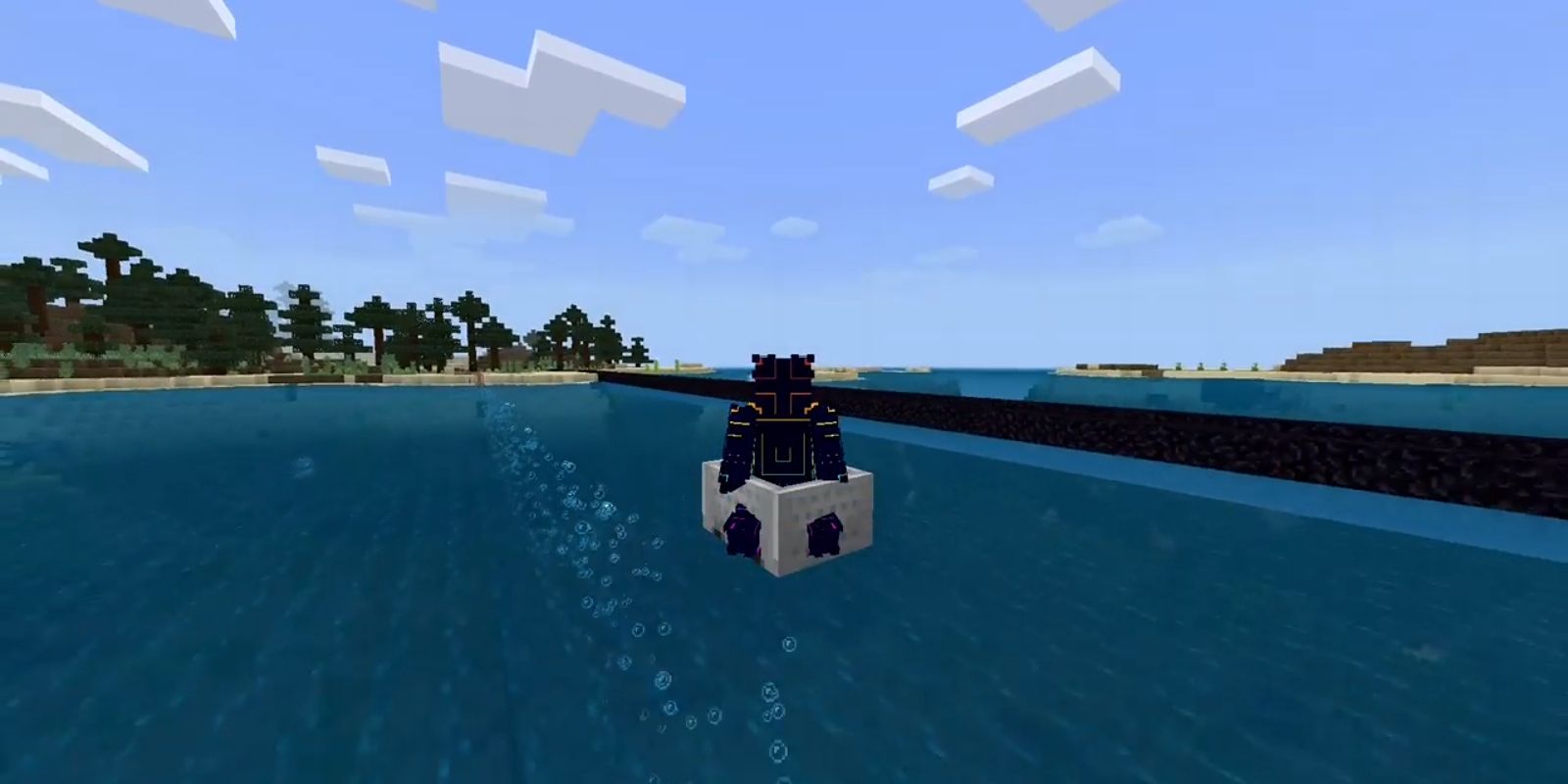 Minecraft player skips a minecart over bubbles