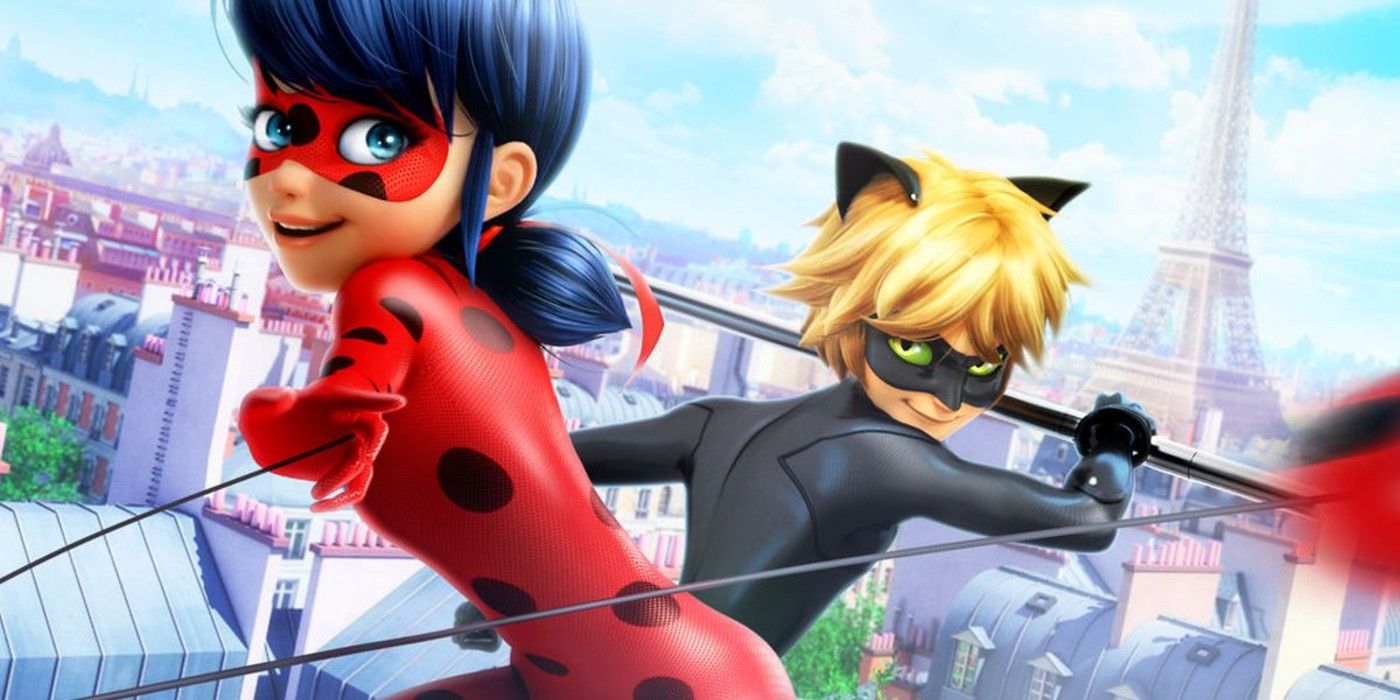 Miraculous Ladybug and Cat Noir on a rooftop in Paris