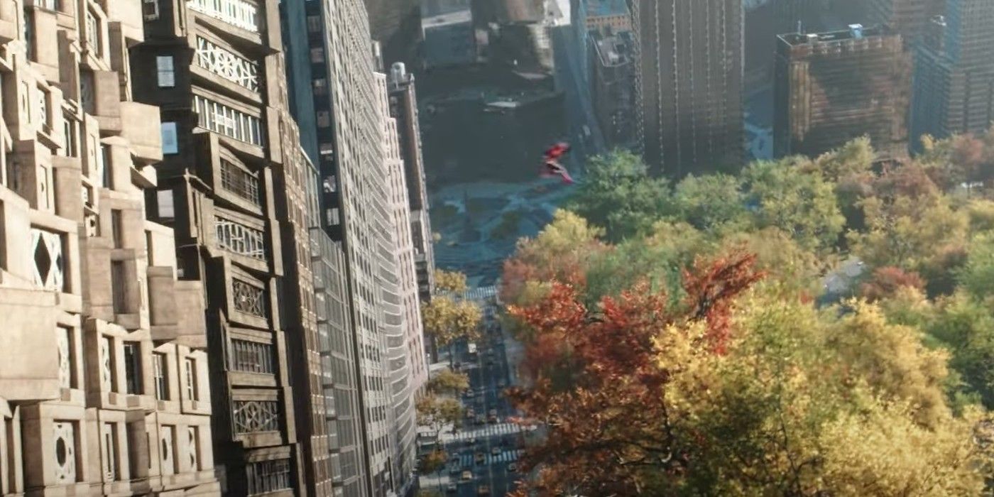 Spider-Man swings through New York in the mirror dimension in Spider Man No Way Home