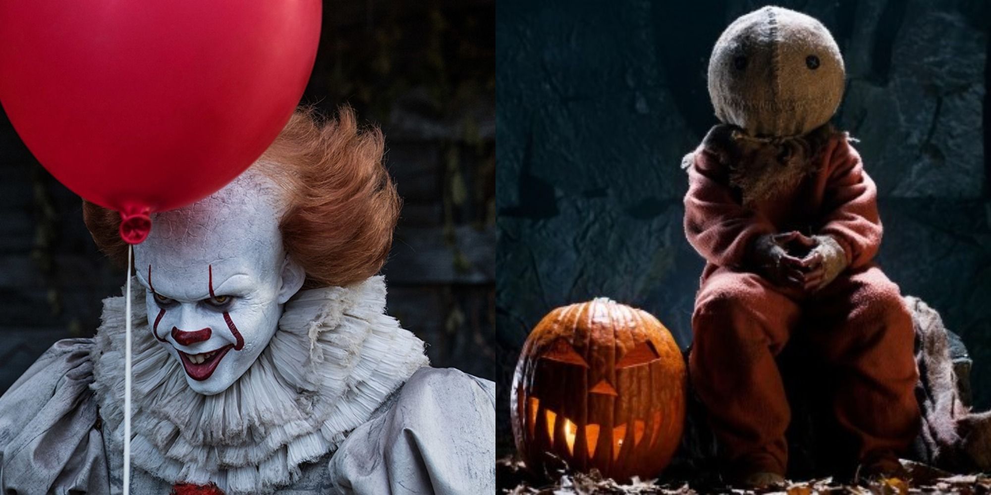 Split image showing Pennywise in IT and Sam in Trick R' Treat
