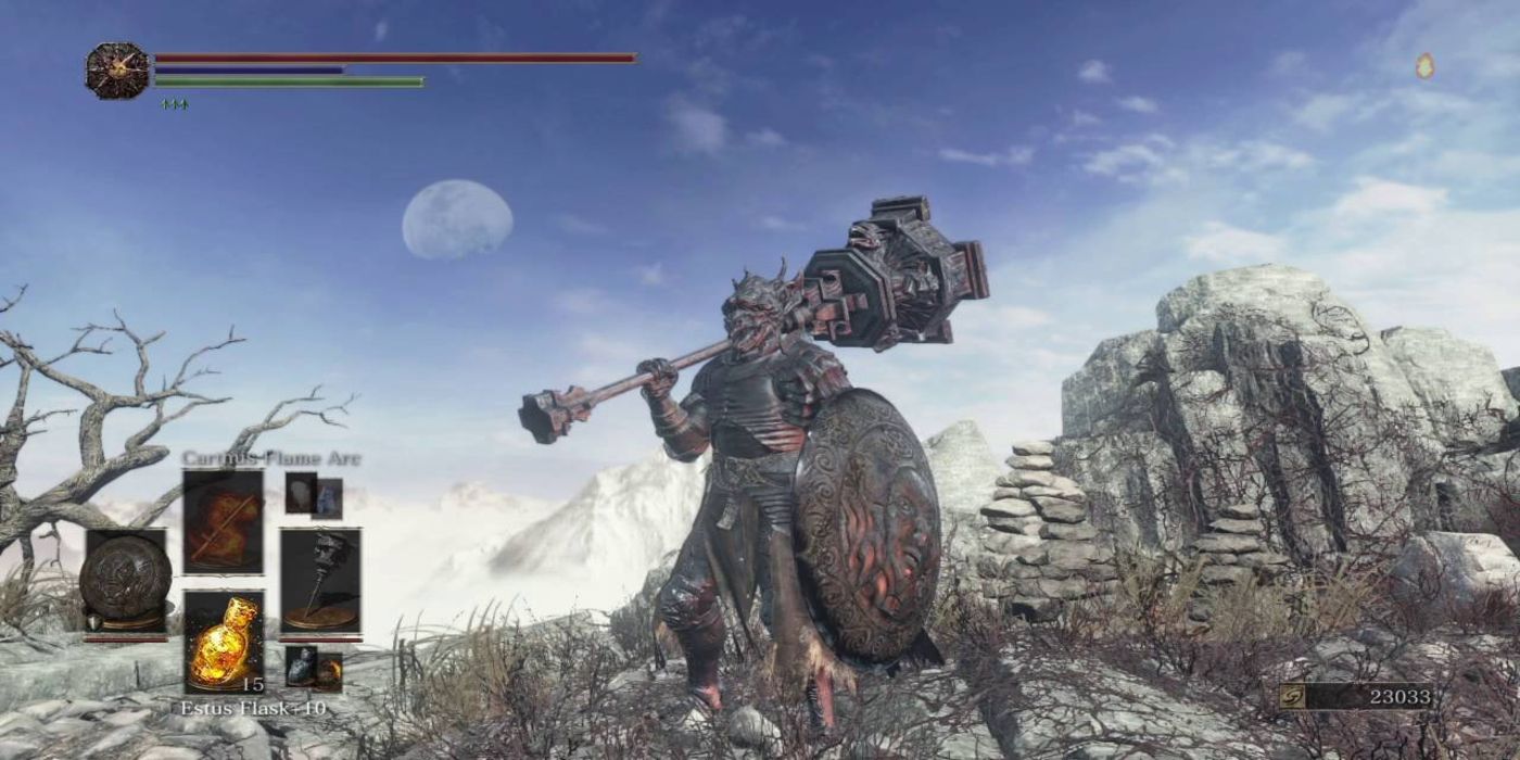 A player wielding Morne's Great Hammer in Dark Souls 3.