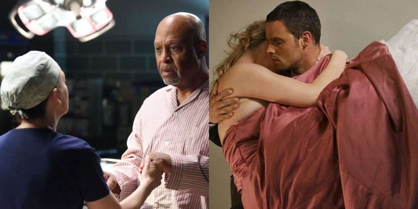 Split Image of Meredith with Richard and Izzie in Alex&rsquo;s arms in Grey&rsquo;s Anatomy