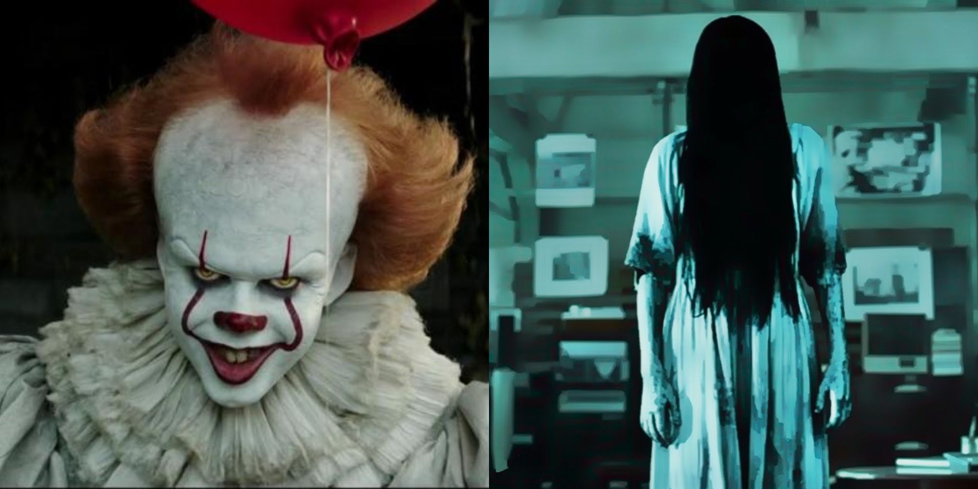 Two side by side images of Pennywise from It and Samara from The Ring