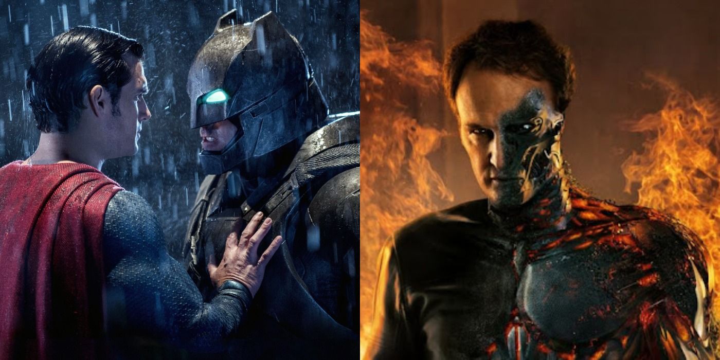 Split image of Batman v Superman and John Connor turning into a terminator in Terminator Genisys