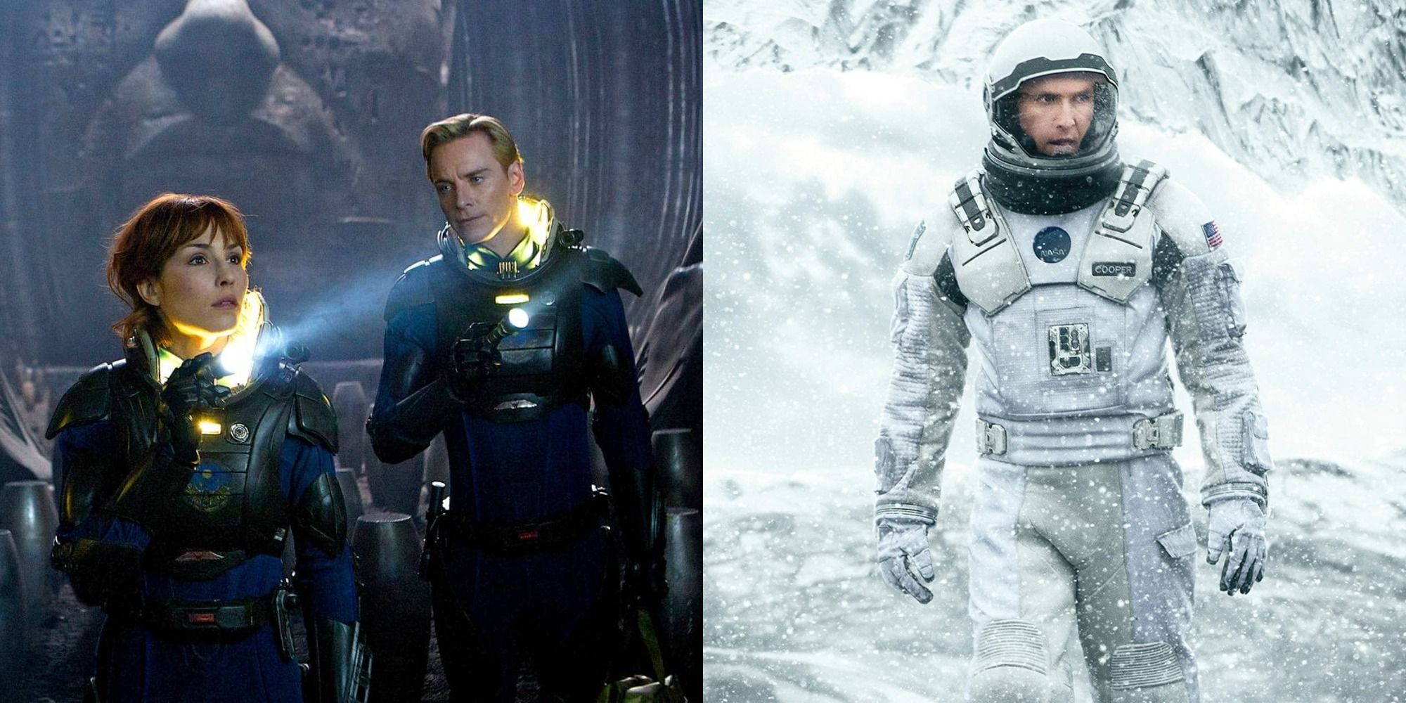 Split image showing Noomi Rapace and Michael Fassbender in Prometheus and Matthew McCounaghey in Interstellar