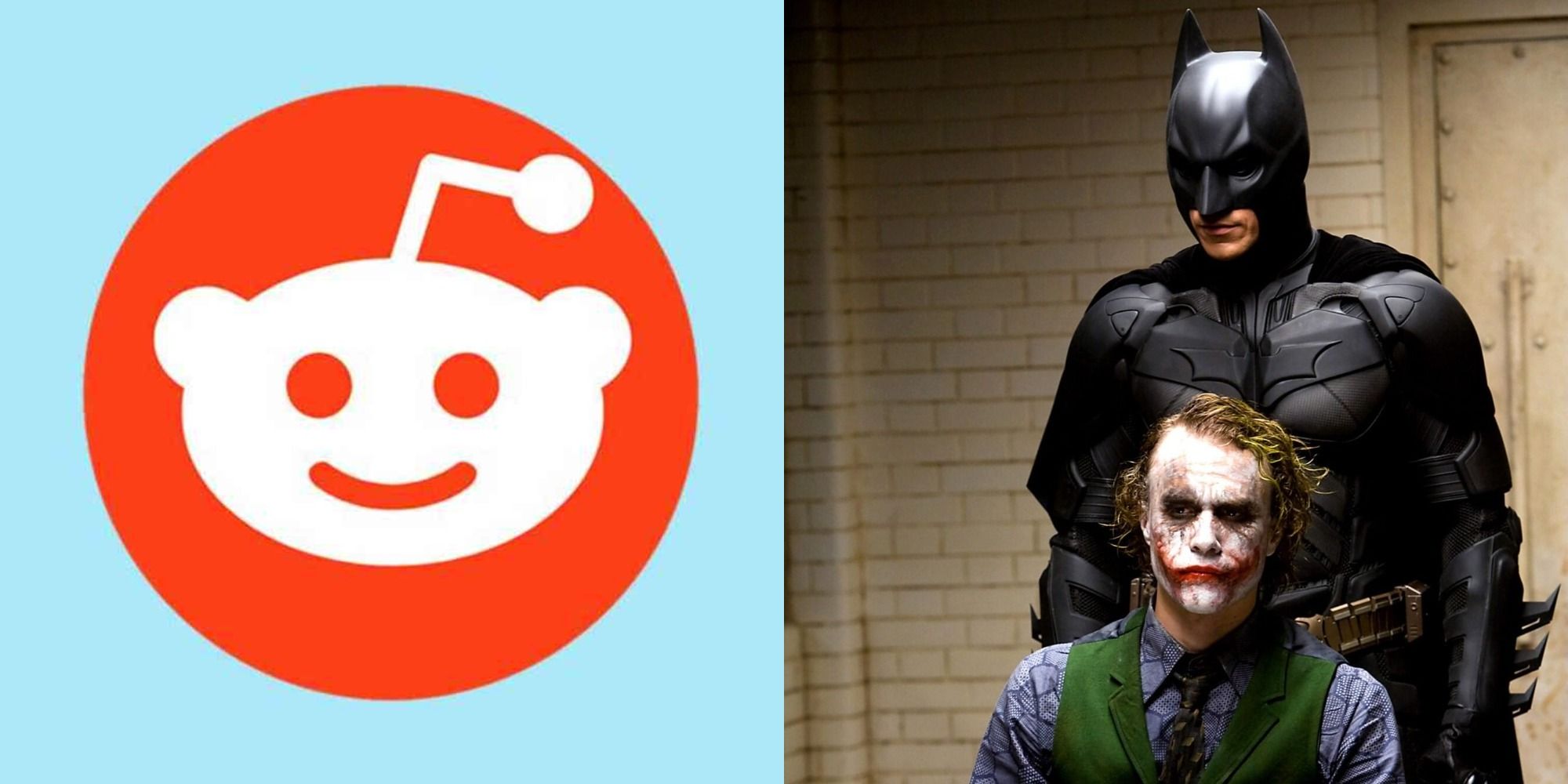 Split image showing the Reddit logo and Batman and Joker in The Dark Knight