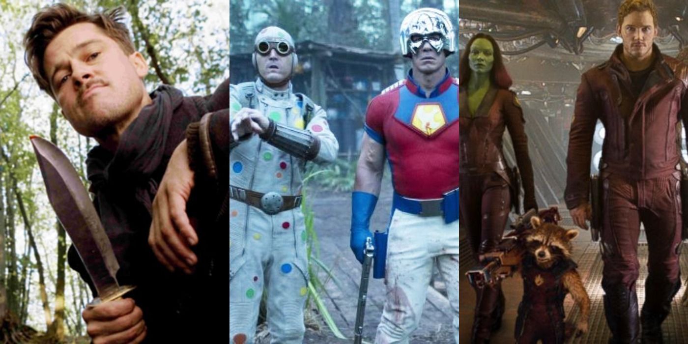 Split image Brad Pitt holding a knife Inglourious Basterds, Polka Dot Man and Peacemaker in The Suicide Squad and Gamora, Peter Quill and Rocket in Guardians of the Galaxy