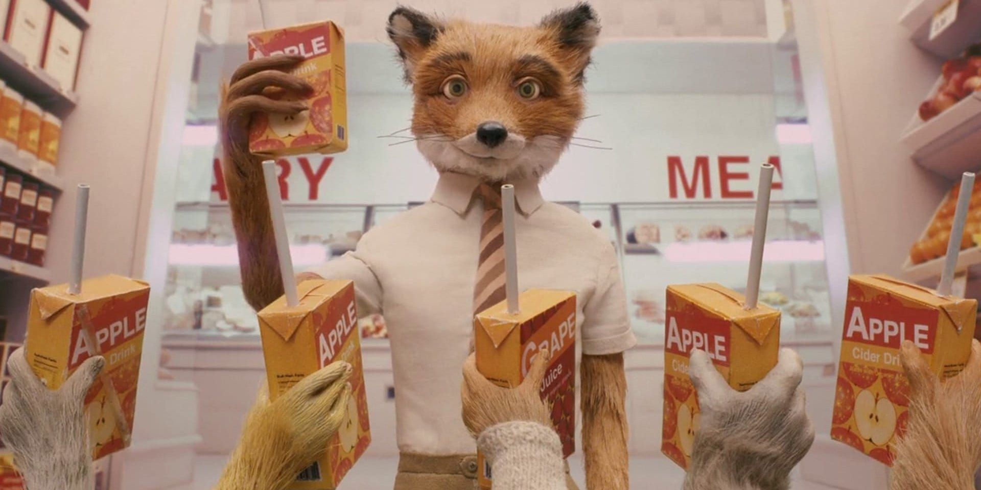 Mr Fox makes a toast in a supermarket in Fantastic Mr Fox.