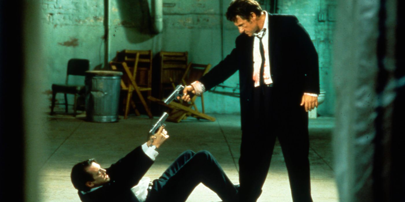 Mr. White pointing a gun at Mr. Orange in Reservoir Dogs.
