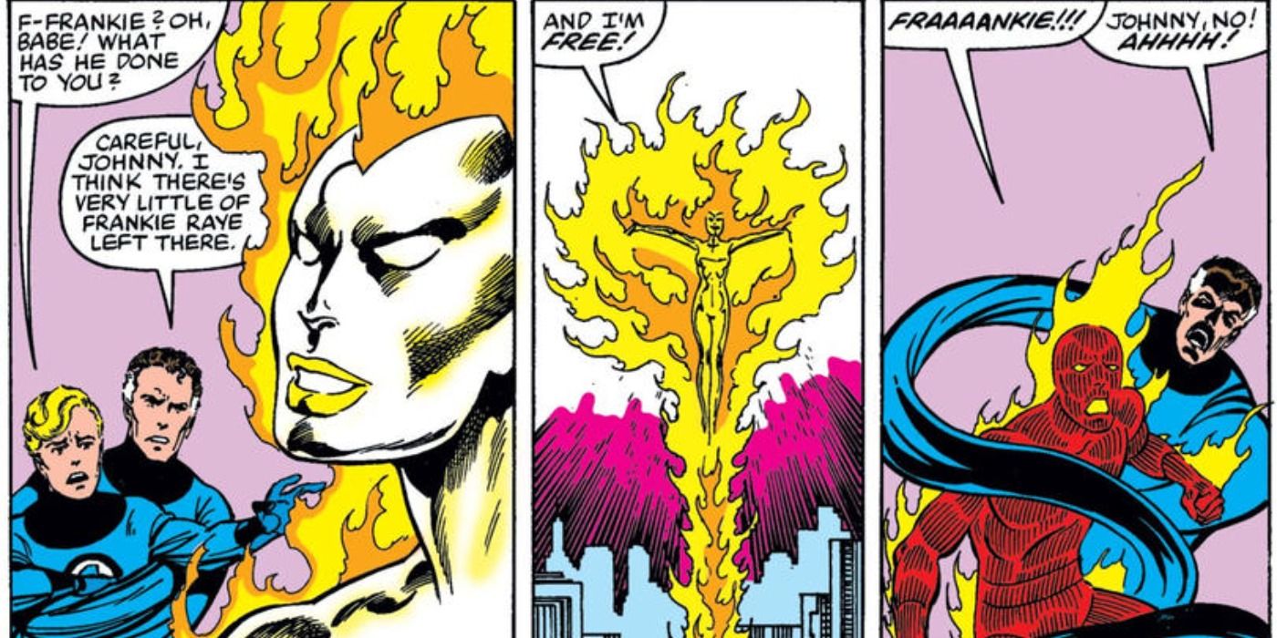 Mr. Fantastic holds back Human Torch as Frankie Raye becomes Nova in Marvel Comics.