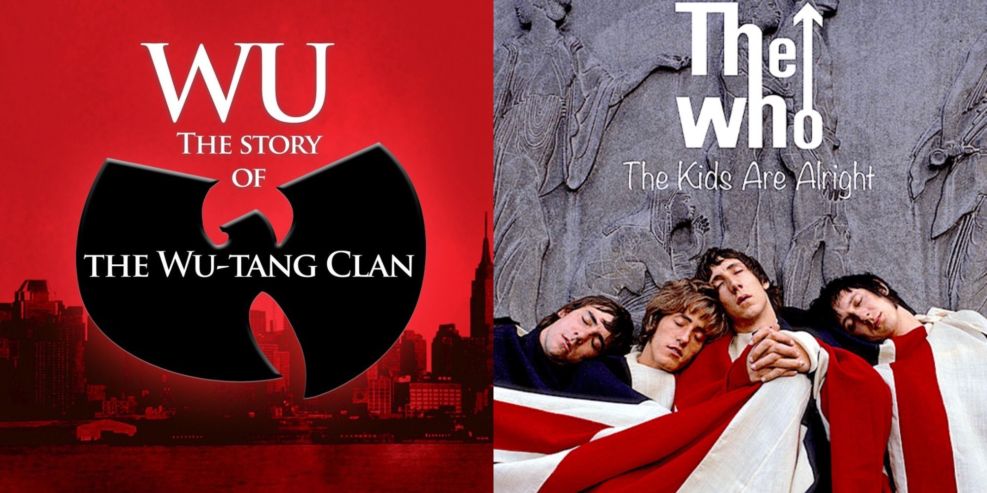 Split image showing the covers for the documentaries Wu The Story Of The Wu-Tang Clan and The Kids Are Alright