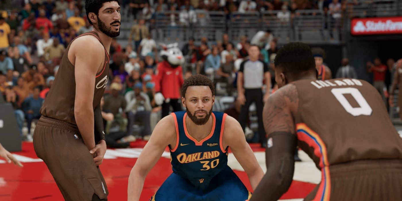 A player faces two opponents in NBA 2K21