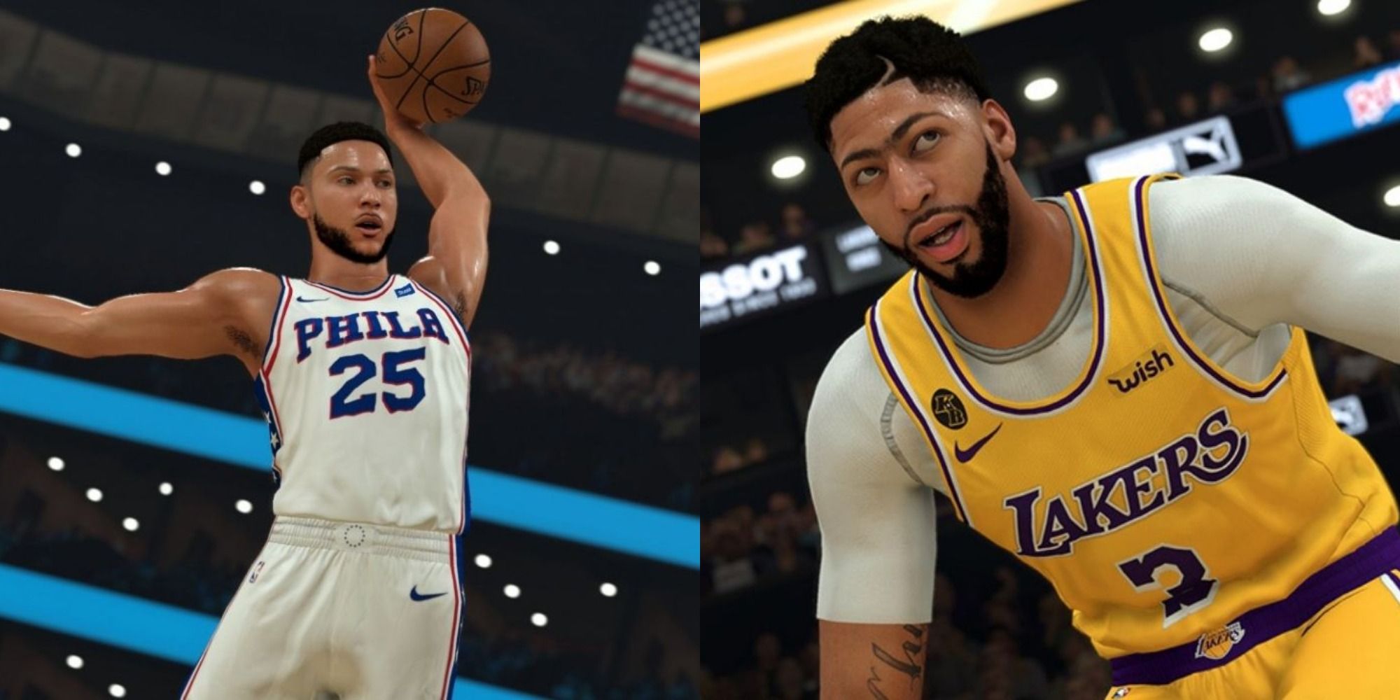 Split image of a basketball player dunking a ball and a Lakers player looking forward in NBA 2K21.