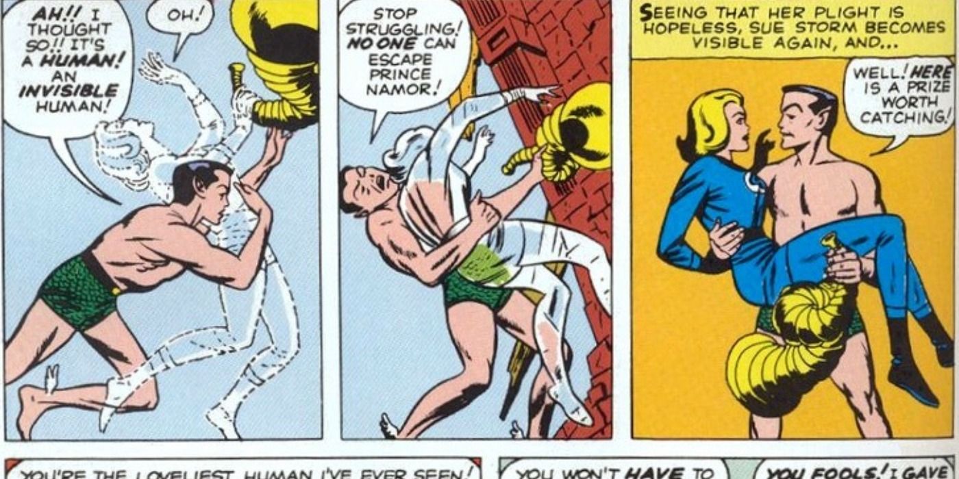 Namor captures Invisible Woman in Marvel Comics.