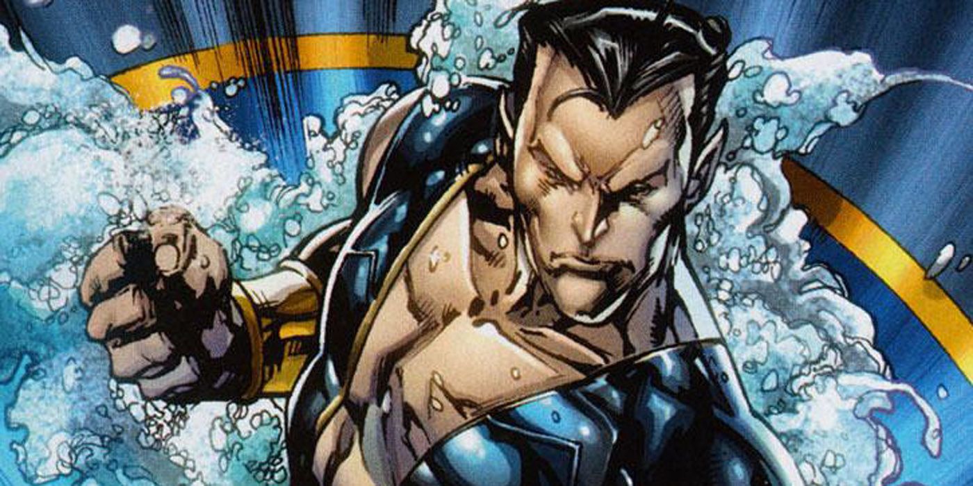 Namor controlling the water around him in a comic panel.