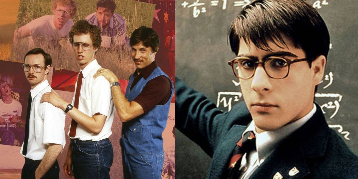 Napoleon Dynamite standing sideways in between his relatives, Max writing on a chalkboard in Rushmore
