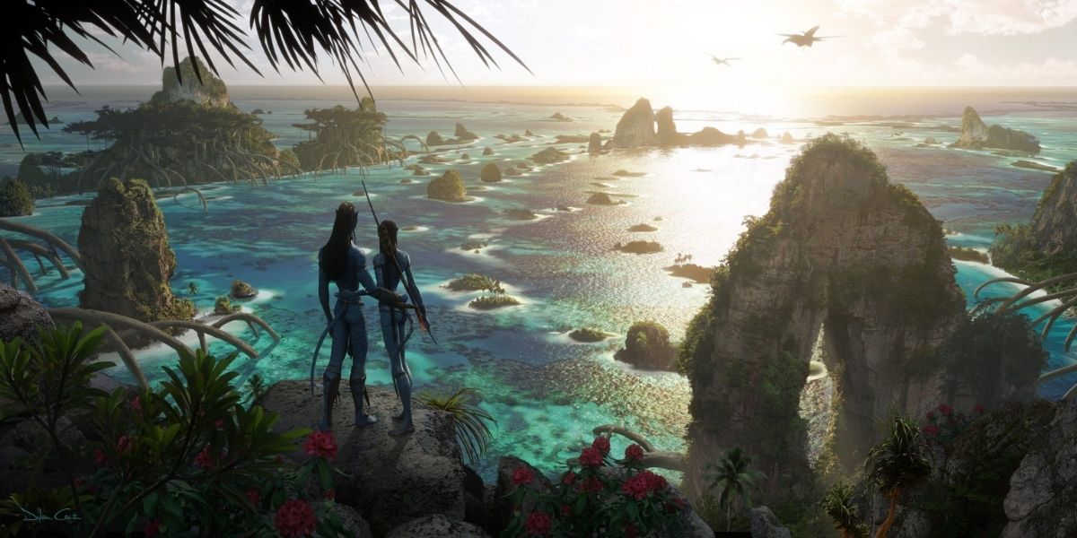 Two Na'vi look over the Pandora Ocean in Avatar 2 concept art