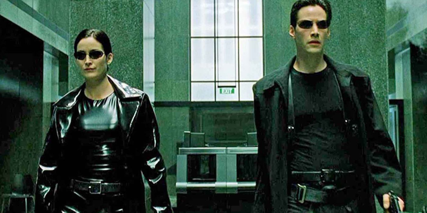 Neo and Trinity walking together in Matrix.