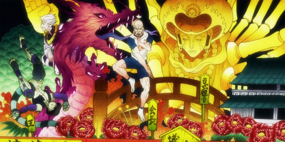Netero fighting Meruem with a Buddha in the background in HXH