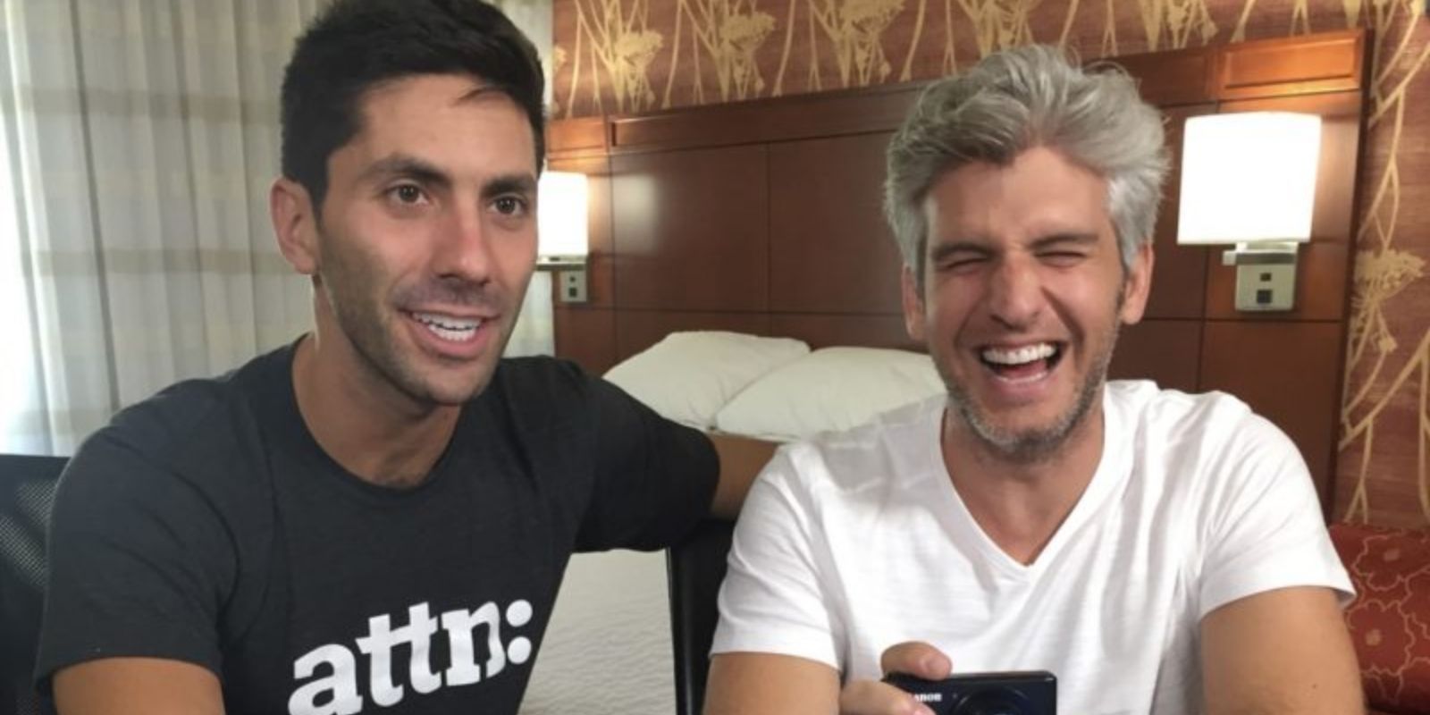 Nev Schulman looks confused and Max Joseph laughs in MTV's Catfish