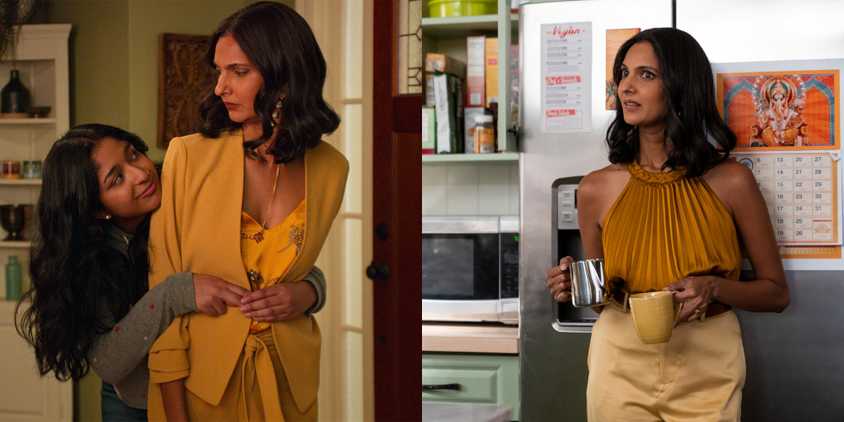 Split image showing Devi hugging Nalini and Nalini cringing in her kitchen in Never Have I Ever