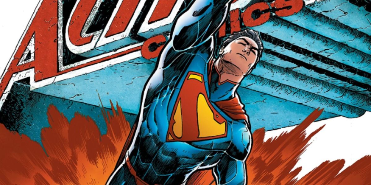 Superman takes flight into the Action Comics logo.