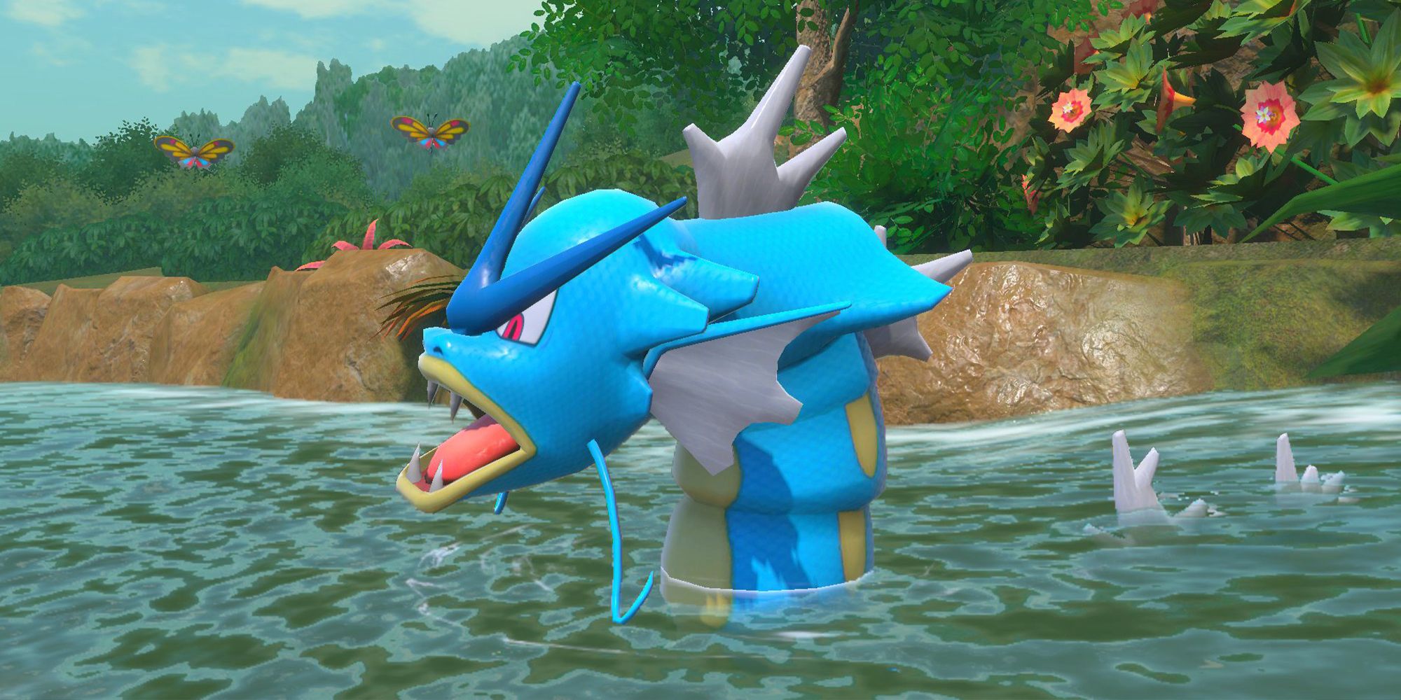 Gyrados rising from a lake in New Pokemon Snap.
