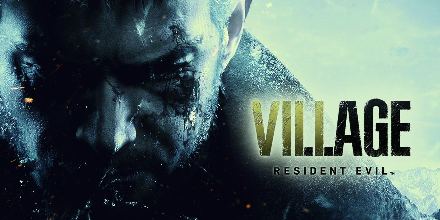 Atired-looking man next to the Resident Evil Village title card