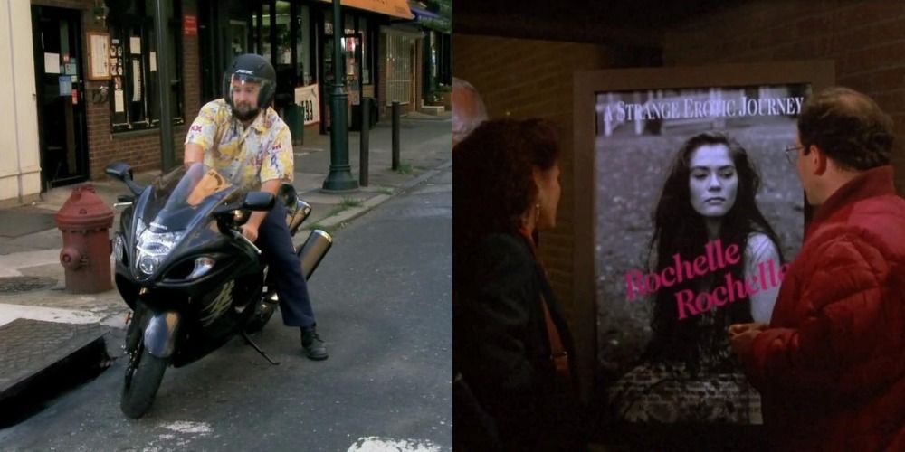 Split image Mac on a bike in Always Sunny in Philadelphia/Elaine and George look at a poster of Rochelle Rochelle in Seinfeld