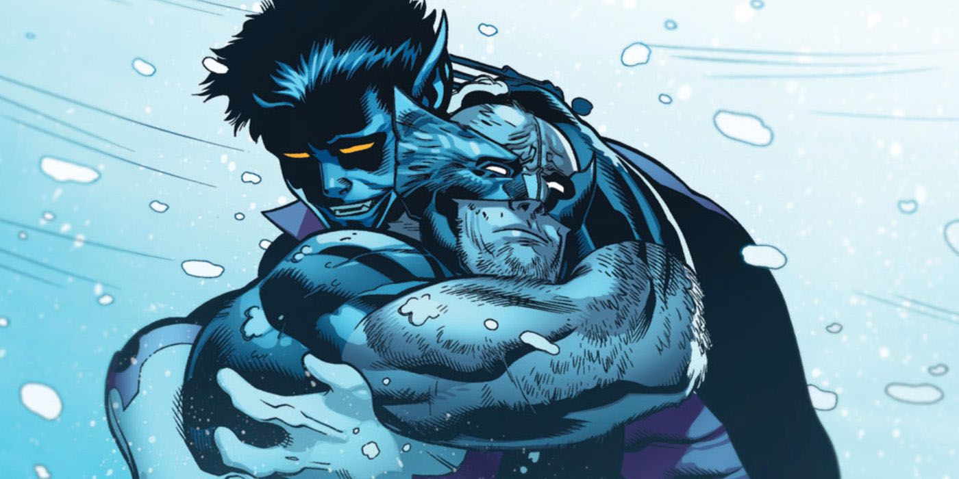 Nightcrawler hugging Wolverine in the snow.