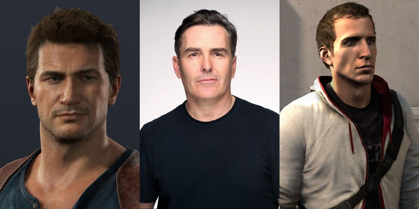 Split image showing Nathan Drake from Uncharted, Nolan North, and Desmond Miles from Assassin's Creed