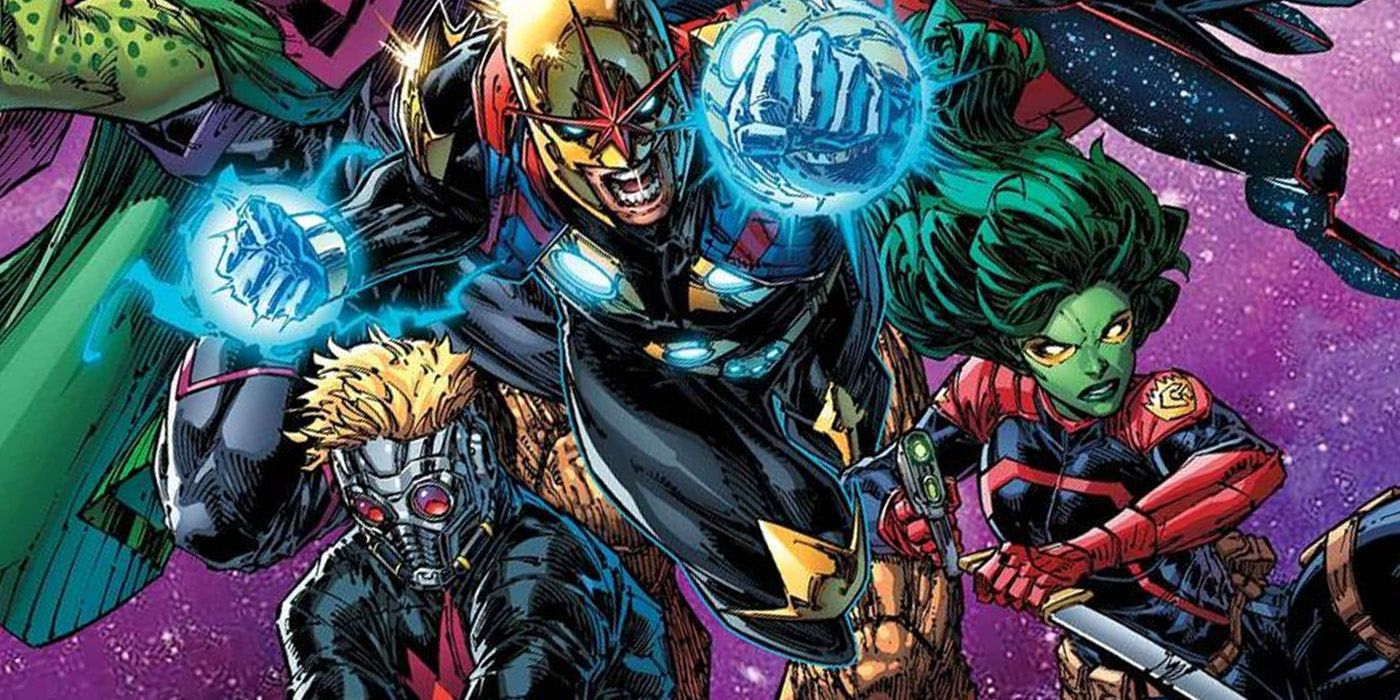 Nova fighting with Star-Lord and Gamora in space.