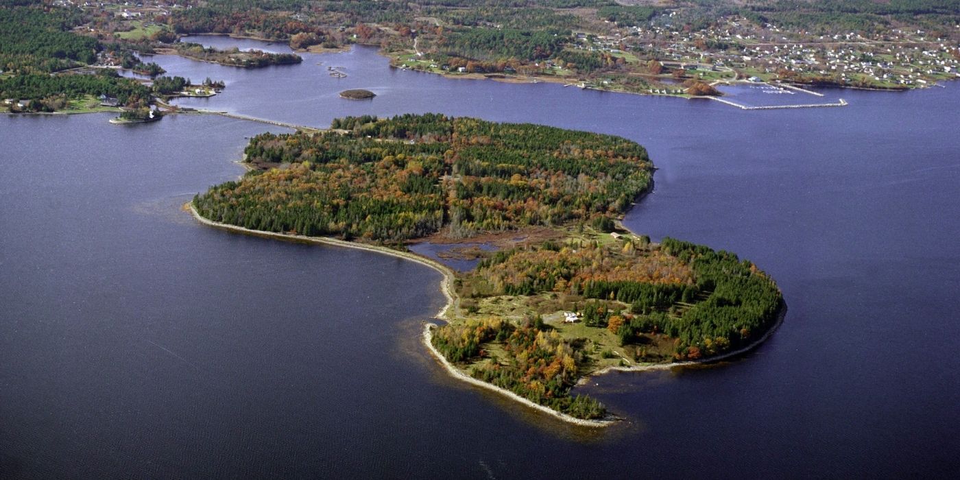 Aerial view of Oak Island in Nova Scotia