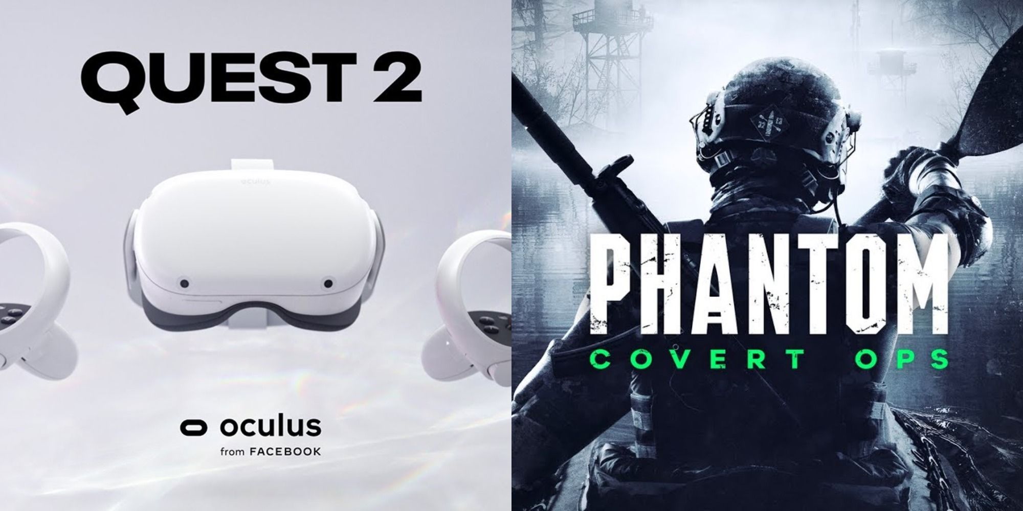 Split image showing an Oculus Quest 2 and the cover for Phantom Covert Ops.