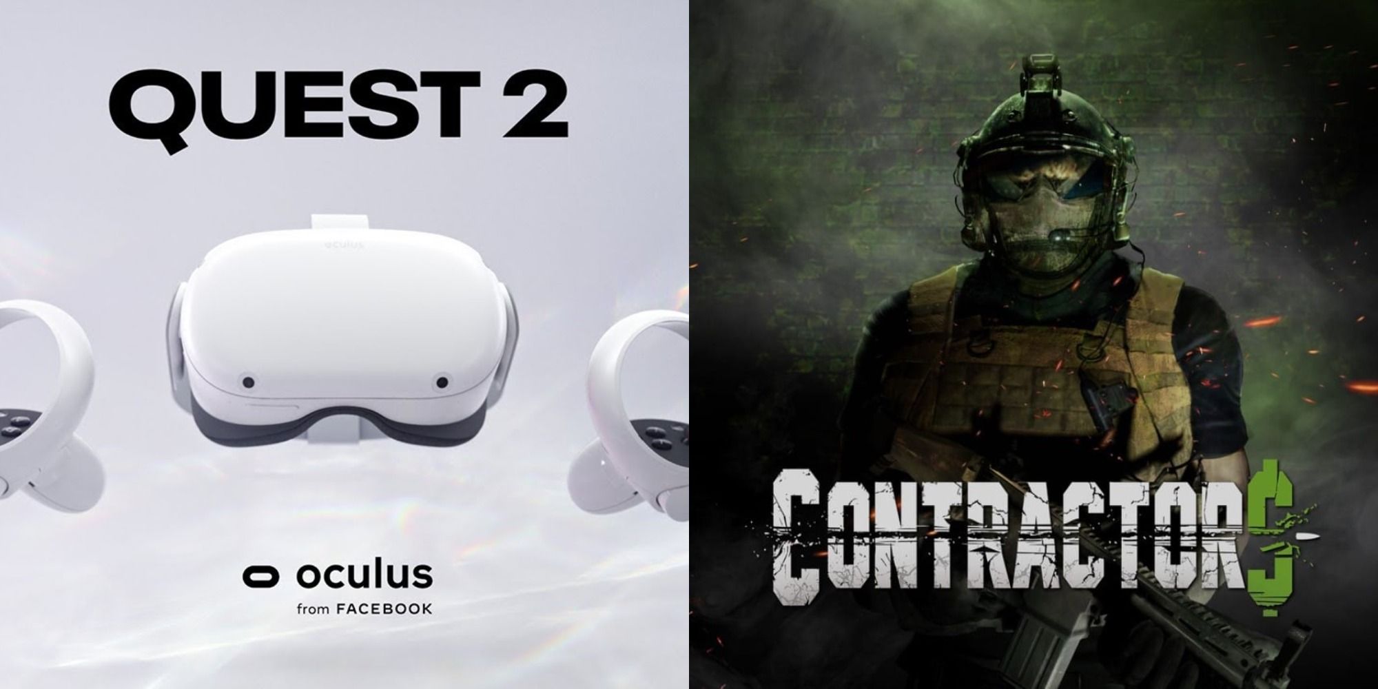 Split image of Oculus Quest 2 and Contractors promo art